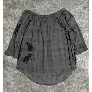 Standard Grace Off The Shoulder Shirt Womens XL Gray Tartan Plaid BOHO Tunic